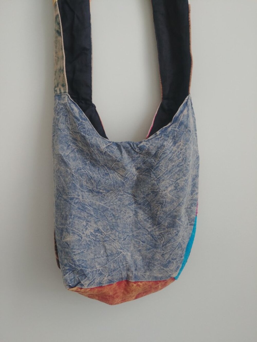 Handmade cotton denim patchwork bag wide strap shoulder crossbody bag - Picture 9 of 14